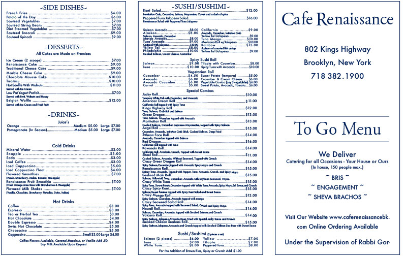 Menu Cafe Renaissance